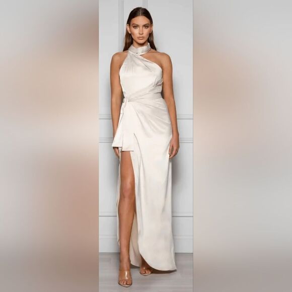 Elle Zeitoune Grace Halter Neck Satin Wrap Dress NWT size XL Cream - Picture 1 of 5
